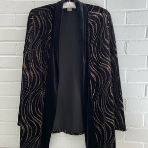 Womens New With Tags Classic Black Velvet/Gold Open Front Drape Layering Blouse